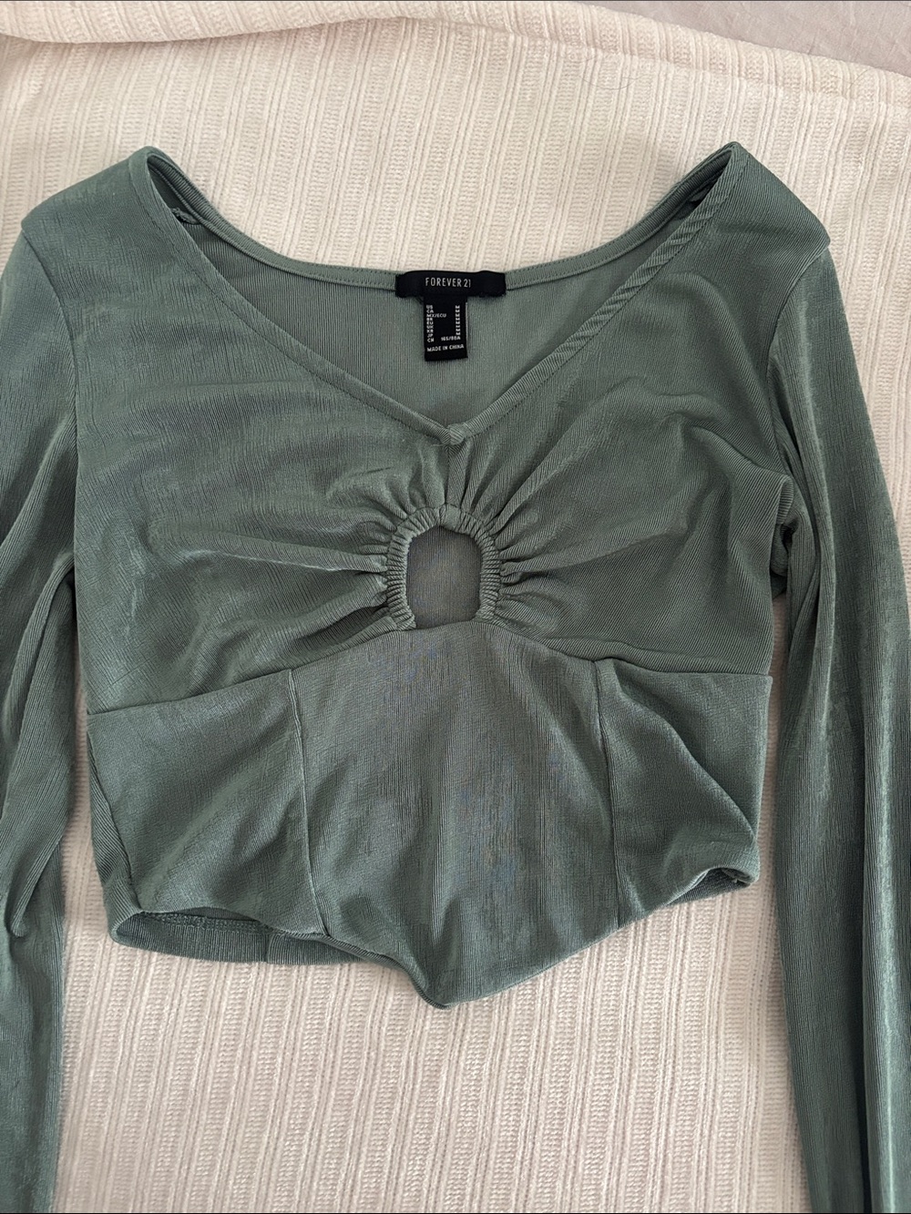 Forever 21 Dusty Sage Ruched Keyhole Long-Sleeve Crop Top